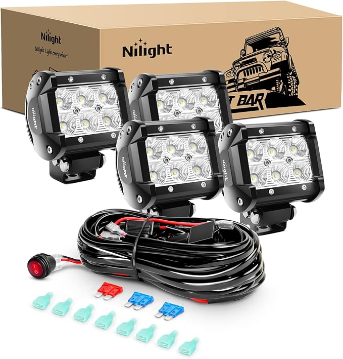 Nilight LED Pods 4Pcs 4 Inch 18W Flood Off Road Fog Lights Driving Roof LED Light Bar Work Light with 16AWG Wiring Harness Kit - 4 Leads for Truck ATV UTV SUV Boat, 2 Years Warranty