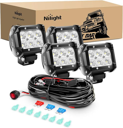 Nilight LED Pods 4Pcs 4 Inch 18W Flood Off Road Fog Lights Driving Roof LED Light Bar Work Light with 16AWG Wiring Harness Kit - 4 Leads for Truck ATV UTV SUV Boat, 2 Years Warranty