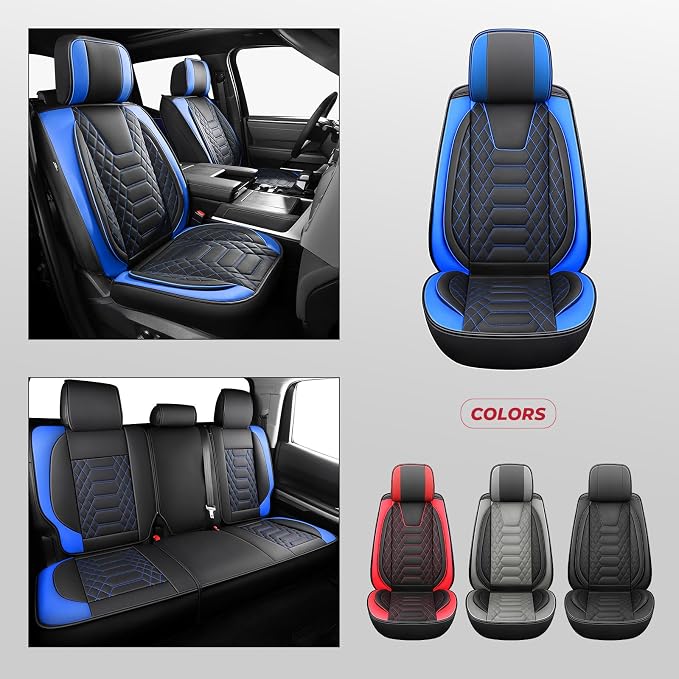 FREESOO Tundra Seat Covers 2026 2025 2024 2023 2022 Full Set, Fit for Toyota Tundra Crewmax Double Cab, Custom Truck Seat Covers with Waterproof Faux Leather BlackBlue