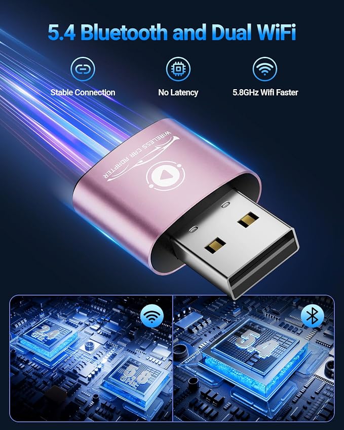 vnilrgle CarPlay Wireless Adapter for Apple iPhone（2026 Upgraded） Bluetooth Dongle Convert Wired to Wireless Adapter for CarPlay, Plug and Play, Auto Connect Fast and Stable(Pink)