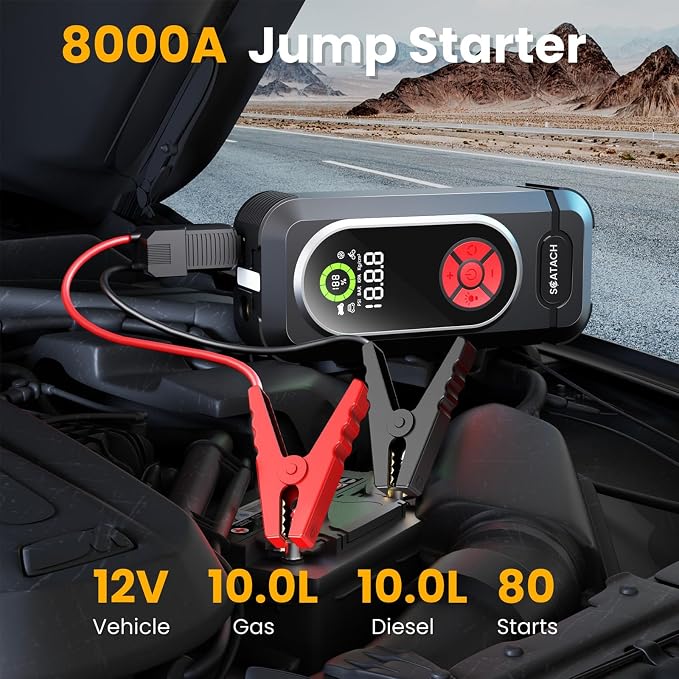 8000A Jump Starter with Air Compressor, 10-in-1 Car Battery Jump Starter Portable (10.0 Gas/10.0L Diesel), 150 PSI 12V Jump Box with Jumper Cables, LED Light, LED Display