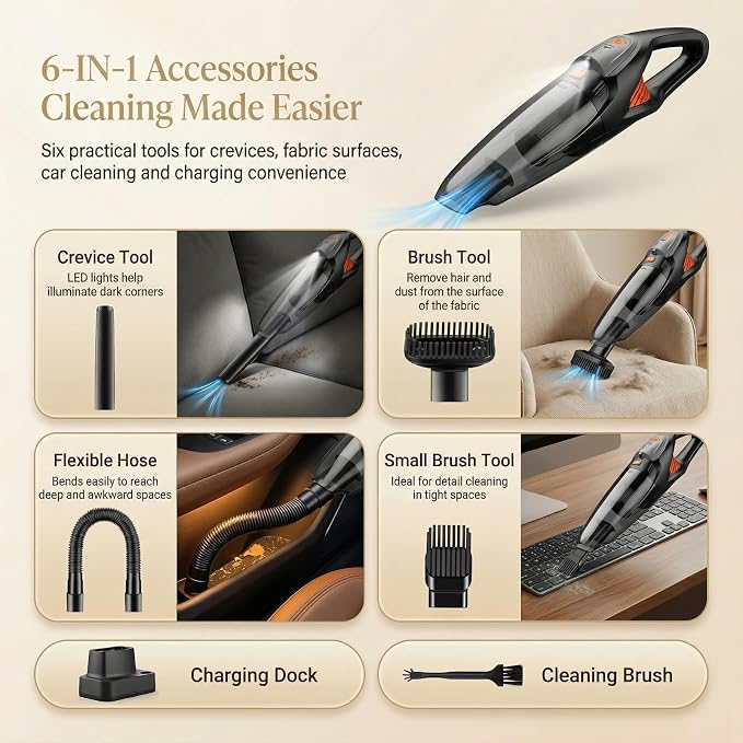 Handheld Vacuum Cordless, 25000Pa Powerful Suction Car Vacuum Portable Cordless with 8000mAh Battery & LED Light, Hand Held Vacuum Rechargeable with HEPA Filters, Home, Car Seats, Pet Hair Orange
