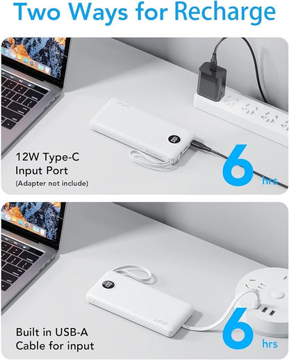 VRURC Portable Charger Built in Cables, Slim Power Bank 10000mAh, Multi Devices Charging Bank with Lanyard, USB C Battery Pack 5 Outputs for for All Cell Phones Devices, Samsung,Android-White(1 Pack)