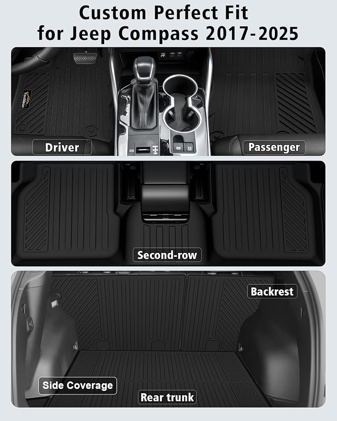 Floor Mats Custom Fit for Jeep Compass 2017-2025 2026 Trunk Mat with Backrest Mat All Weather TPE Rubber Cargo Liner Anti-Slip Full Set for Compass Accessories (Trunk Mat+Backrest Mats+Floor Mats)