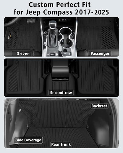 Floor Mats Custom Fit for Jeep Compass 2017-2025 2026 Trunk Mat with Backrest Mat All Weather TPE Rubber Cargo Liner Anti-Slip Full Set for Compass Accessories (Trunk Mat+Backrest Mats+Floor Mats)