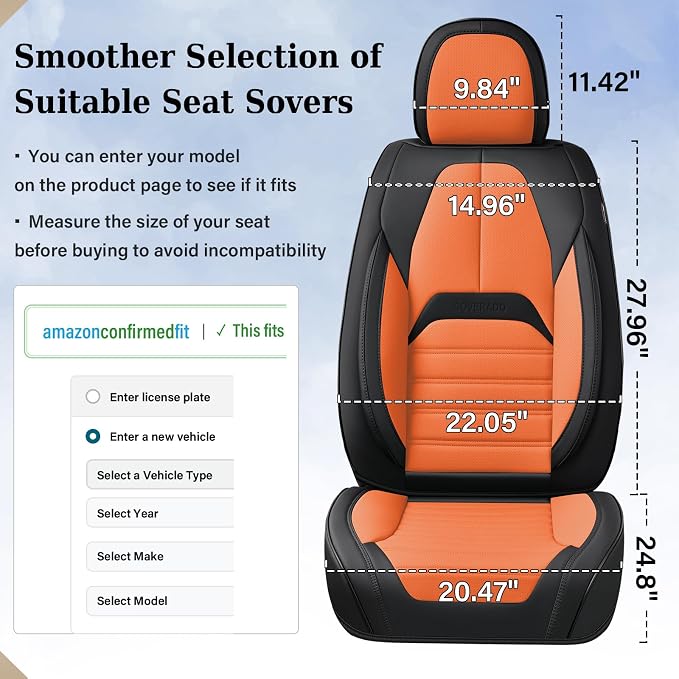 Coverado Waterproof Nappa Leather Car Seat Covers, Automotive Seat Covers，Front Car Seat Cushion & Car Seat Protector, Seat Covers Universal Fit for Most Cars, SUVs,Trucks,Black&Orange
