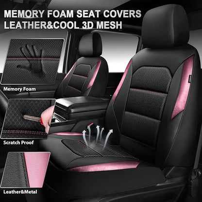 CAR PASS Memory Foam Car Seat Covers,Air Cool Mesh Thick Seat Covers Front Seats,Pink Metal Film Leather Seat Cover for Car,Universal Automotive Comfort for Most Car,Truck,Airbag Compatible,Black Pink