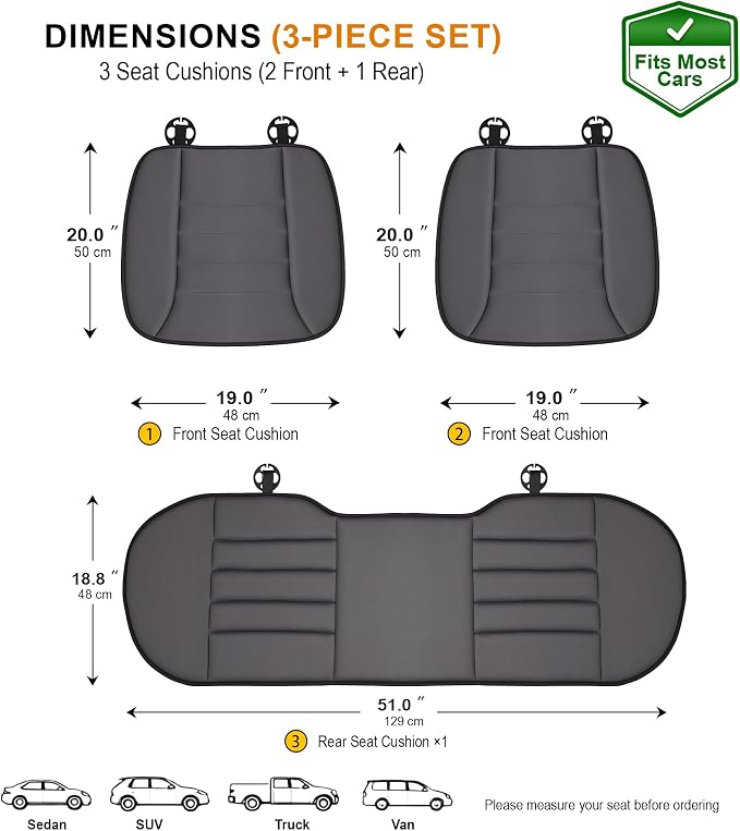 kingphenix 3-Piece Car Seat Cushion Set, 1.2inch Memory Foam Comfort, 2 Front Automotive Seat Cushions + Rear Bench Cushion, Non-Slip Bottom, Fits Sedan SUV Truck Van, Car & Office Chair, Dark Grey