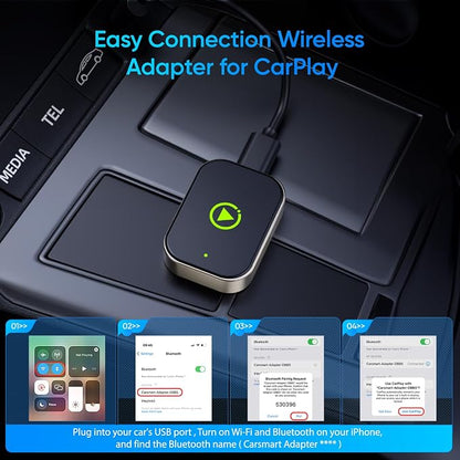 Wireless Carplay Adapter for iPhone, Converts Wired CarPlay to Bluetooth Wireless, Mini Car Play Screen Dongle with USB A/C for Cars 2018+ with Built-in Wired Carplay, Auto-Connect, No Delay