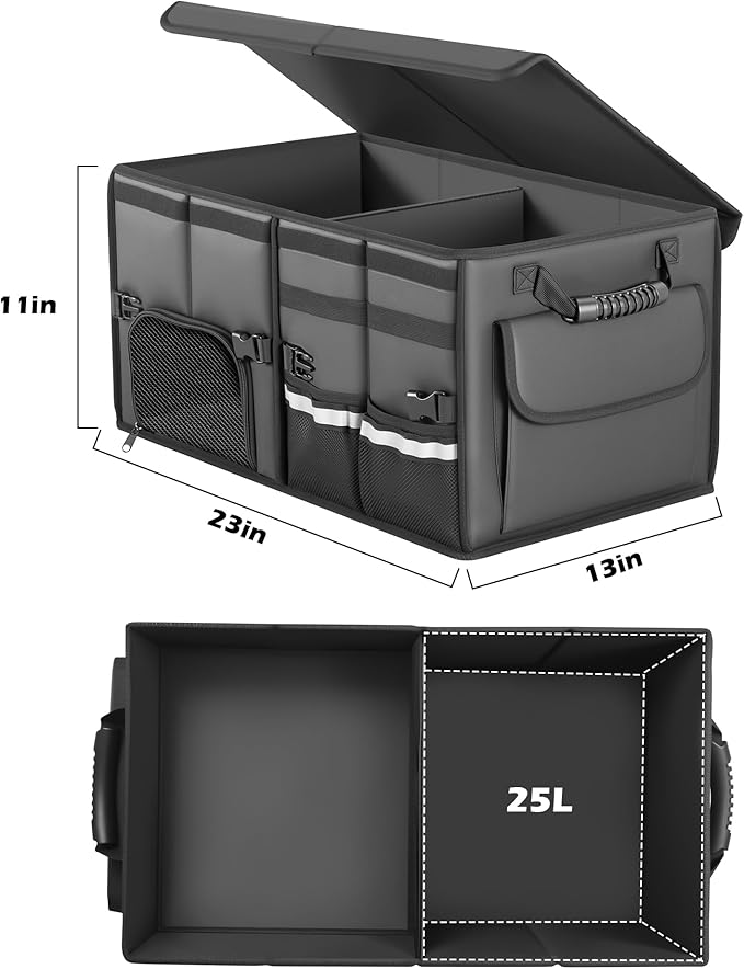 Trunk Organizer Car Organizer Leather Storage Box Foldable Trunk Organizer for SUVs & Sedans Sturdy Car Organization for Car Accessories, Tools, Sundries, Collapsible and Adjustable, 23.6 Inch