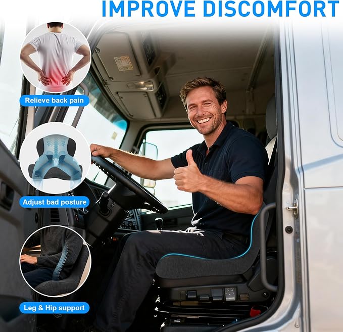 Denchy Car Seat Cushion with Lumbar Support for Long Sitting, Ergonomic Memory Foam Driving Seat Cushions for Semi Truck Bus Driver Trucker, Non Slip Office Chair Cushion (Dark Gray)