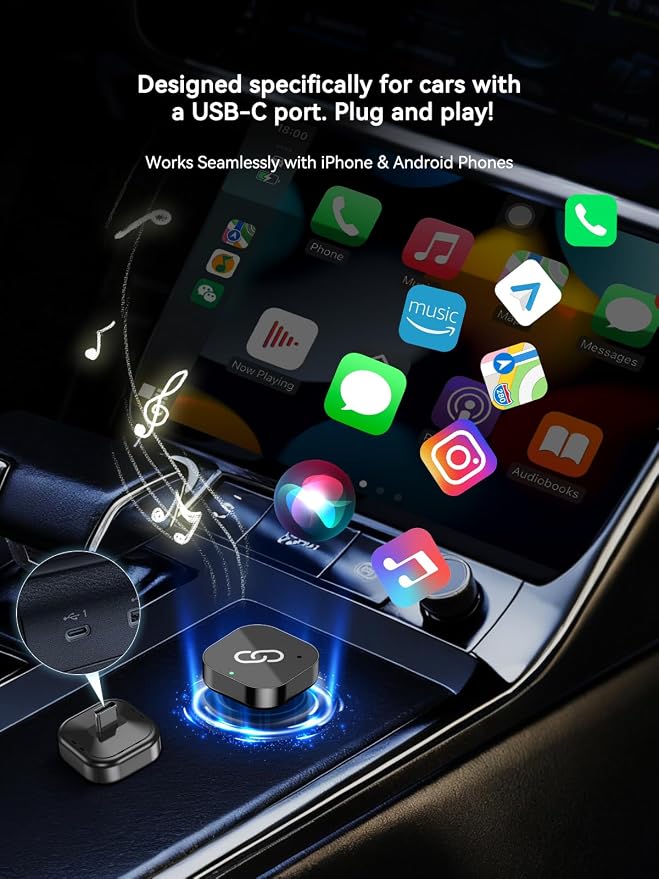 USB-C Wireless CarPlay & Android Auto Adapter, Plug-in Dongle Converts Factory Wired CarPlay/Android Auto to Wireless