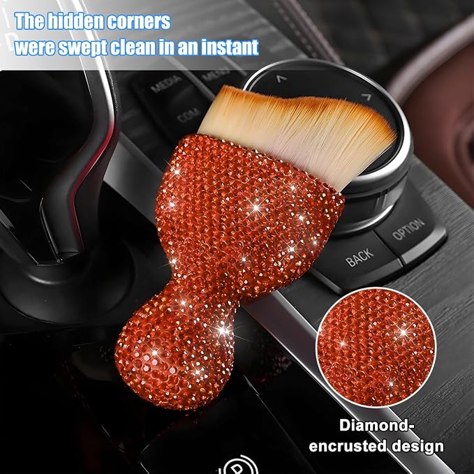 Bling Car Detailing Brush, Crystal Rhinestone Non-Scratch Vehicle Cleaning Dust Brush for Air Vent & Dashboard, Soft Bristles Automotive Interior Cleaning Tool, Universal Fit (Orange Red)