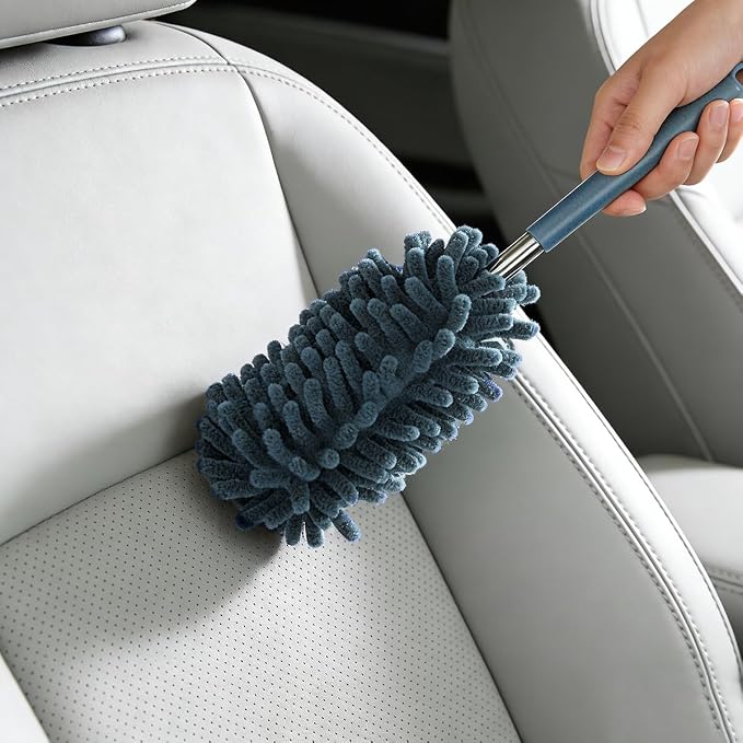 Zpana 2PCS Car Interior Duster with Extension Pole, Soft Chenille Retractable Washable Dash Detailing Cleaner, Auto Window Cleaning Brush Duster for Interior Exterior, Universal Fit (Blue)