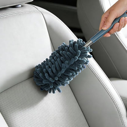 Zpana 2PCS Car Interior Duster with Extension Pole, Soft Chenille Retractable Washable Dash Detailing Cleaner, Auto Window Cleaning Brush Duster for Interior Exterior, Universal Fit (Blue)