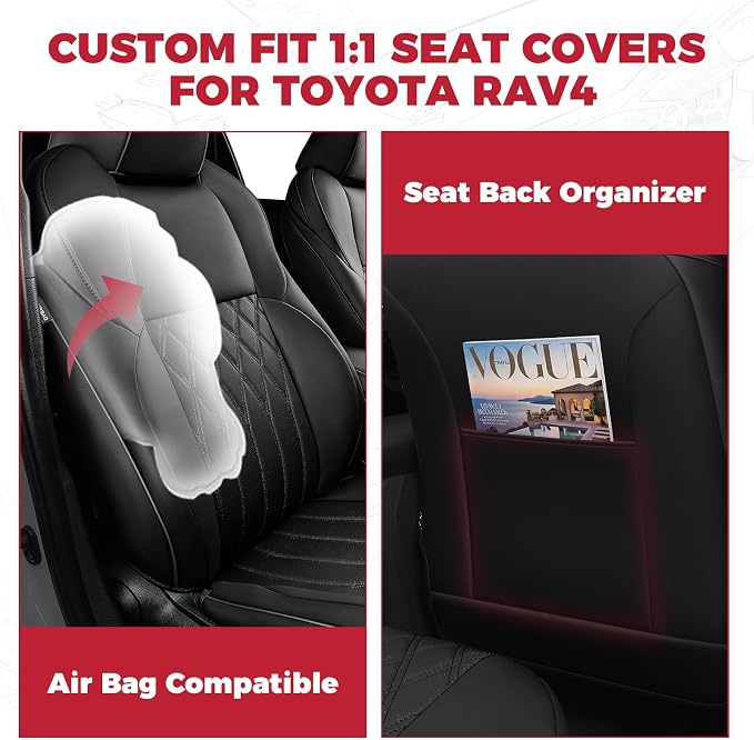 FREESOO Custom Seat Covers for Toyota RAV4 2019-2025 Hybrid SE/XSE 2021-2024 Prime SE/XSE 2025 PHEV, RAV4 Leather Car Seat Covers Interior, RAV 4 SUV Accessories Full Set, Black