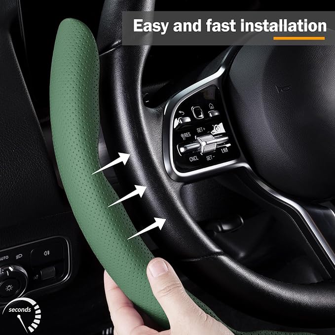 Car Steering Wheel Cover Leather Snap On 3Pcs Set Non-Slip Protector Wrap Steering Wheel Accessories 14.5-15 inch Universal Green