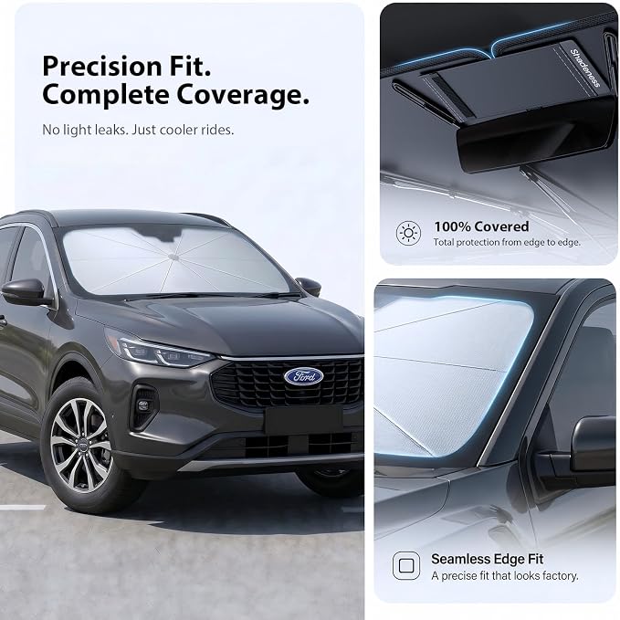 2026 Upgraded Windshield Sun Shade Umbrella for Ford Escape [Precision Custom Fit, Superior UV & Heat Block] Cooling Tech Fabric, Durable Foldable with Storage Bag, Fits 2001-2025