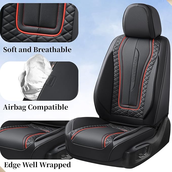 Coverado Car Seat Covers Full Set, Leather Seat Coversfor Cars, Front and Back Seat Covers, Waterproof Car Seat Protectors Car Seat Cushions Universal for Most Vehicles, Black&Redline