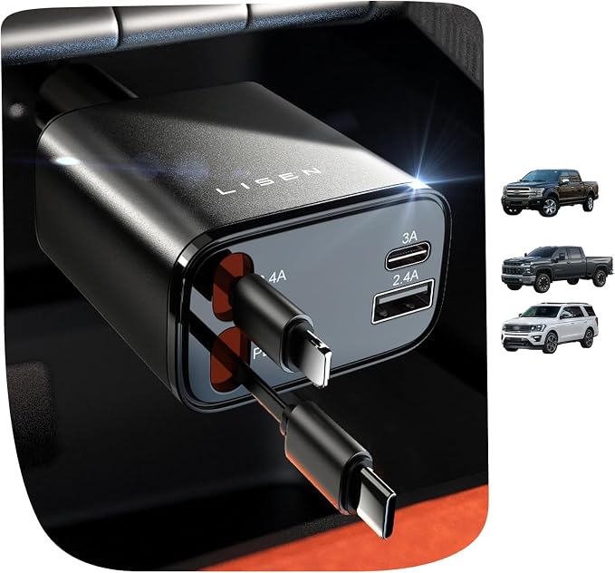 LISEN Retractable Car Charger, [2026 Upgrade 50 inch ] Long 4 in 1 Retractable Cable Car Charger, USB C Car Charger Fast Charging for iPhone 17 16 15 14 13 12 11 X Pro Max Plus Mini, Samsung S26 | Multiple Ports Car Charger, Retractable Car Charger Fas...