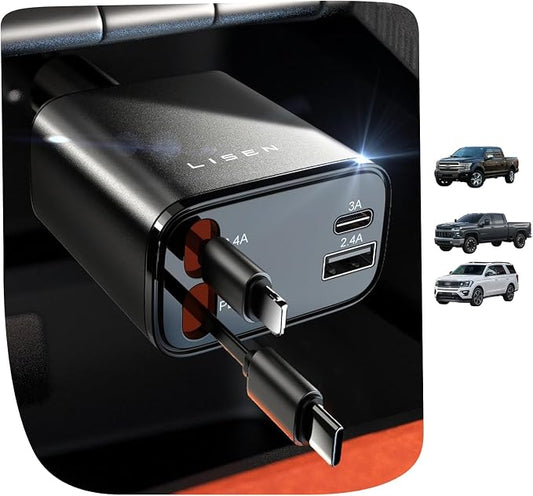 LISEN Retractable Car Charger, [2026 Upgrade 50 inch ] Long 4 in 1 Retractable Cable Car Charger, USB C Car Charger Fast Charging for iPhone 17 16 15 14 13 12 11 X Pro Max Plus Mini, Samsung S26 | Multiple Ports Car Charger, Retractable Car Charger Fas...