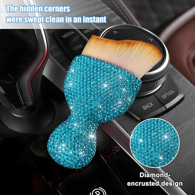 Bling Car Detailing Brush, Crystal Rhinestone Non-Scratch Vehicle Cleaning Dust Brush for Air Vent & Dashboard, Soft Bristles Automotive Interior Cleaning Tool, Universal Fit (Sky Blue)