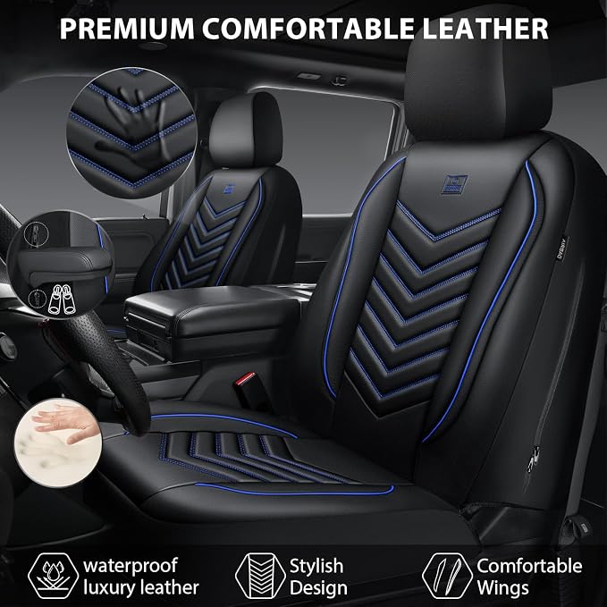 CAR PASS 3D Foam Faux Leather Seat Covers Front Seats,Waterproof Leather Front Seat Cover for Car,Universal Fit for SUV Truck Sedan Automotive,Armrest Airbag Compatible Anti-Slip, Black and Blue