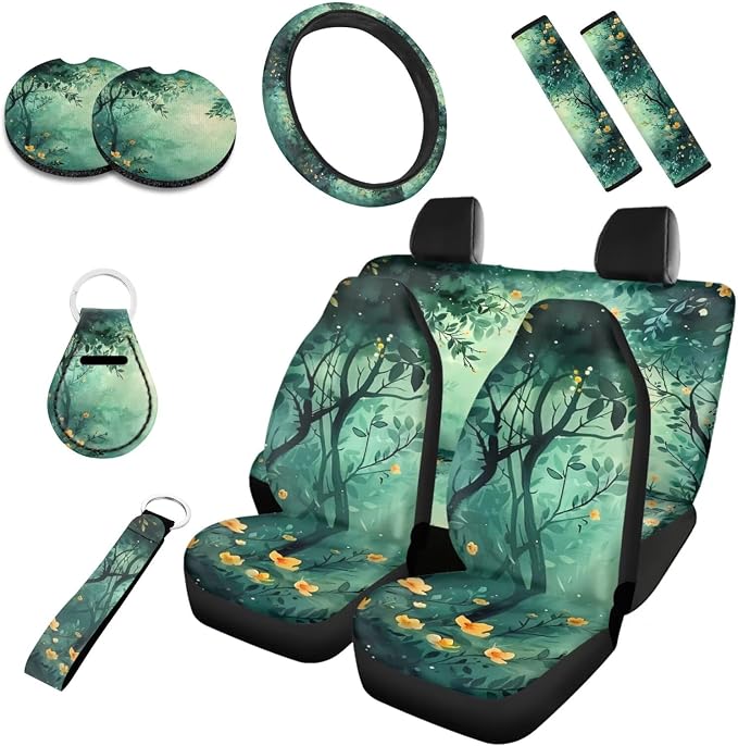 Green Forest 10 Piece Car Accessories Set, Yellow Wildflower Universal Steering Wheel Cover, Watercolor Forest Front Seat and Rear Bench for Truck SUV Sedan, Car Decor