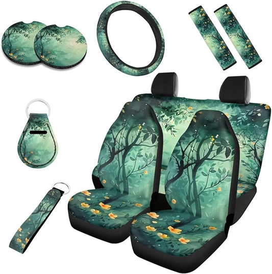 Green Forest 10 Piece Car Accessories Set, Yellow Wildflower Universal Steering Wheel Cover, Watercolor Forest Front Seat and Rear Bench for Truck SUV Sedan, Car Decor
