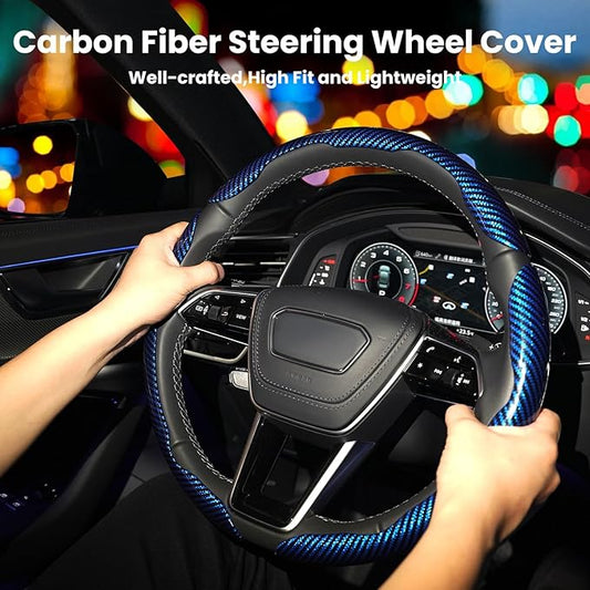 Hiseanllo Carbon Fiber Steering Wheel Cover 3PCS Set – Anti-Slip, Scratch-Resistant, Universal Fit for 14–16 Inch Wheels – Interior Car Accessories for Cars, SUVs, Trucks (Blue)