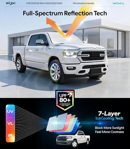 Wigoo Windshield Sun Shade Umbrella for Dodge RAM 1500/2500/3500 [100% Sun Blockage, Ice Cooling Fabric] Heat Insulation Front Window Sunshade Umbrella for Dodge RAM 1500/2500/3500 2019-2026
