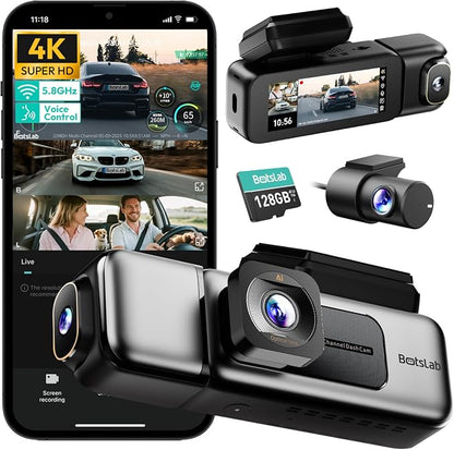 BOTSLAB 4K 3 Channel Dash Cam Front and Rear/Inside, 360°Dash Camera with 3.18" Touch Screen, Night Vision Dashcam, Voice Control, 24/7 Parking Mode Car Camera, Free 128GB Card 5.8GHz WiFi & GPS