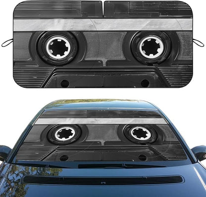 Black White Retro Car Front Window Sun Shield Cassette Music Tape Heatshield Front Window Car Sun Shade Windshield Rays Sun Shade Visor Protector for Car Sedan Truck SUV Accessories 59" L x 31.5" W