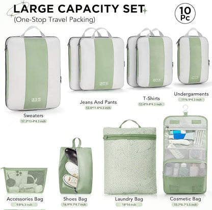 OlarHike 10-Pack Compression Packing Cubes for Travel Essentials,Compressible Expandable Packing Cubes for Suitcase,Luggage Garment Bags for Travel,Handy Helper for Organizing Clothes(Matcha Green)