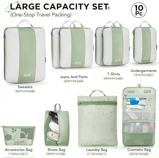 OlarHike 10-Pack Compression Packing Cubes for Travel Essentials,Compressible Expandable Packing Cubes for Suitcase,Luggage Garment Bags for Travel,Handy Helper for Organizing Clothes(Matcha Green)