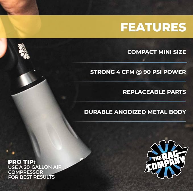 The Rag Company - Ultra Air Blaster Mini - Lift and Blast Dirt and Debris Away for Interior Detailing; Durable and Ergonomic Metal Design; Trigger Operated