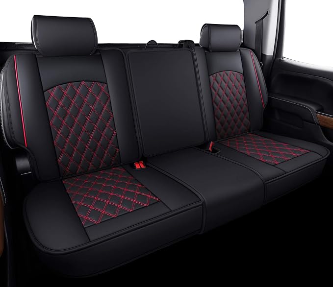 Aierxuan Back Seat Covers for Chevy Silverado GMC Sierra Pickup Custom Fit 2007-2026 1500 2500HD 3500HD Crew Double Extended Cab Waterproof Leather Split Bench 40/60, 50/50 (Rear Seat/Red)