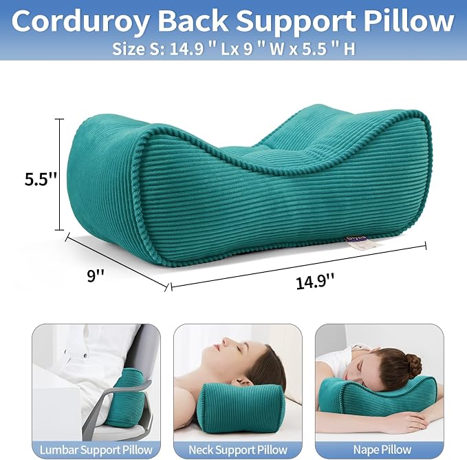 Lumbar Support Pillow for Study Desk Chair, Bite-Size Natural Latex Foam Back Support Pillow for Lower Back Pain Relief, Soft & Support Corduroy Office Chair Cushion, S, Blue