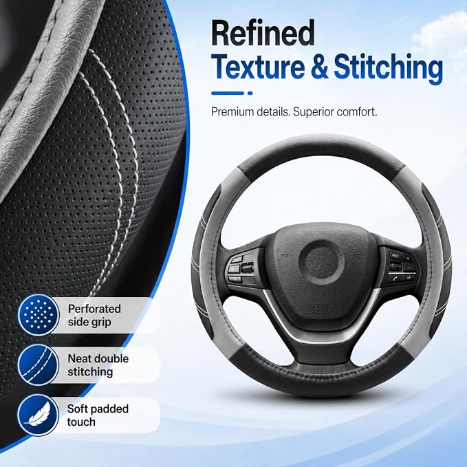 Elantrip Microfiber Leather Steering Wheel Cover for 14.5" to 15" Wheels, Soft Padded Grip, Textured Anti-Slip Inner Lining, Breathable Comfort for Cars, SUVs and Trucks, Black/Gray