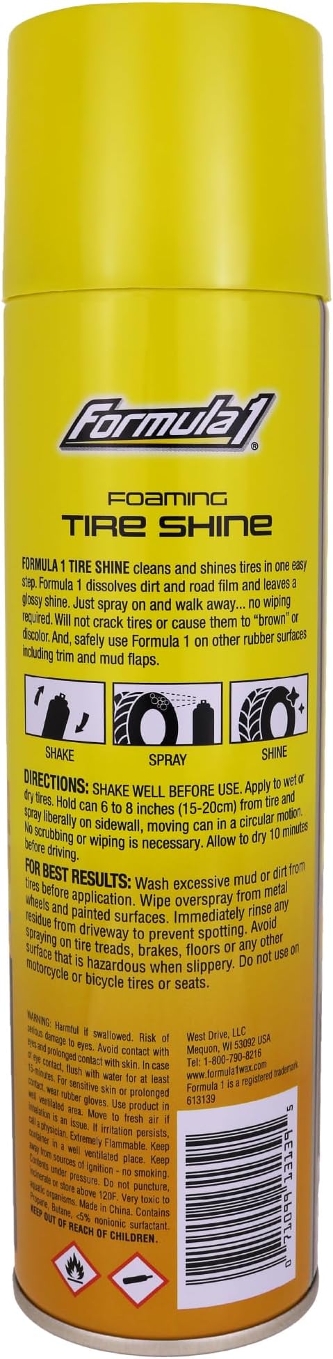 Formula 1 Foaming Tire Shine Aerosol, Wheel Cleaner to Clean, Shine, and Protect Tires with UV Protection, Glossy Black Finish, Long Lasting Wet Look for Cars and Trucks, One Step Application, 12 Oz