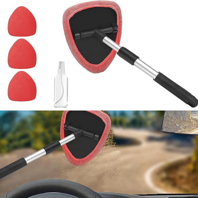 Car Window Cleaner, Car Cleanser Brush, Car Accessories Car Cleaning Supplies Tools, Car Cleaning Kit with Extendable Handle, Microfiber Cloth, Spray Bottle, Fits All Cars (Red)