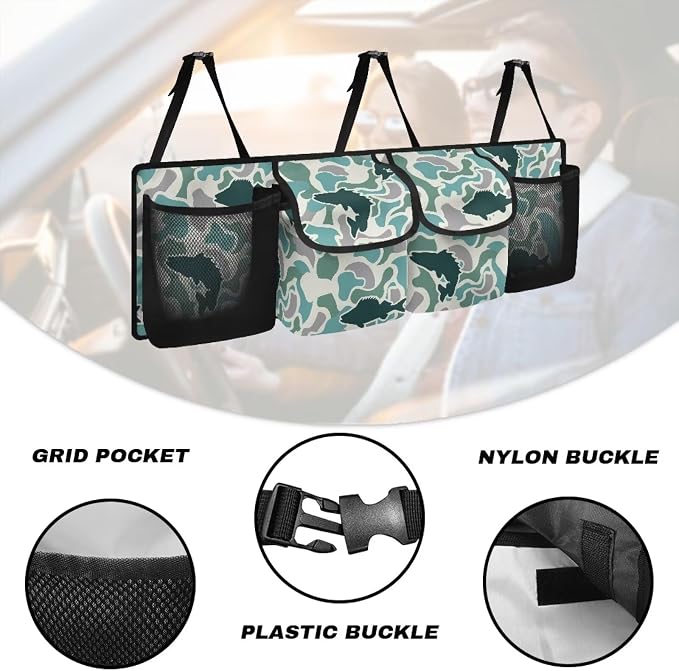 Fish Green Camo Trunk Storage Organizer Waterproof Collapsible Car Storage Bag with 4 Pockets Space Saving Car Trunk Storage Organizer with Lid for Cars Sedans SUVs