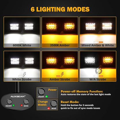 Auxbeam 4 Inch LED Driving Pods, 120W 12000LM Spot Flood Combo Triple Row Off Road Light Bar, 6 Modes Dual Color Amber White Auxiliary Flashing Fog Light for Trucks SUV ATV UTV Jeep, 2PCS