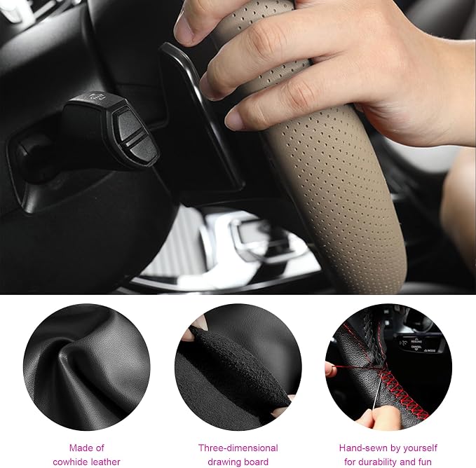Ziciner Genuine Leather Steering Wheel Cover, Stitch on Wrap, Breathable Anti-Slip Car Steering Wheel Protector for Max Diameter 15 Inch, DIY Sewing with Needles Thread (Beige, Glossy)