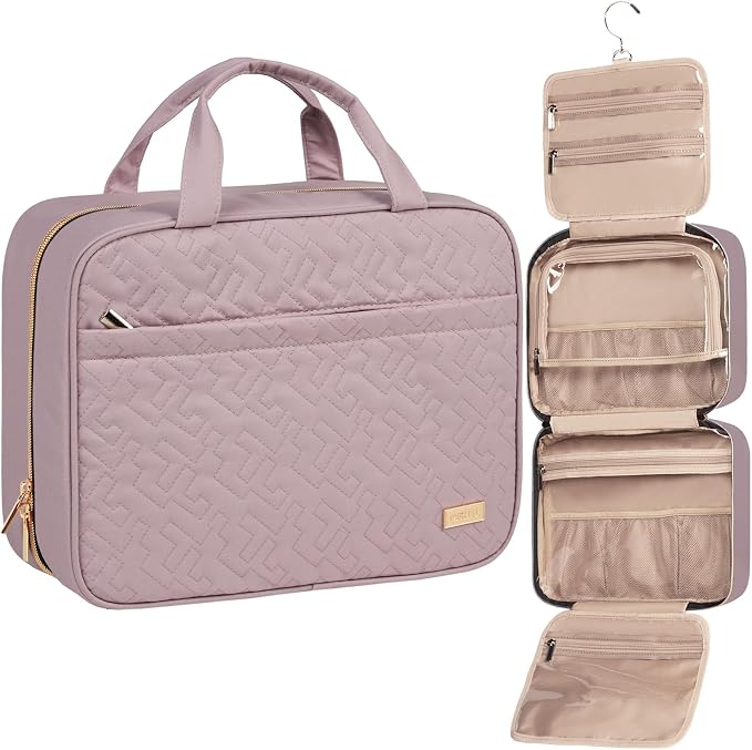 NISHEL Travel Toiletry Bag for women, Portable Hanging Organizer for Full-Sized Shampoo, Conditioner, Brushes Set, Makeup Accessories, Large Size, Peach Pink