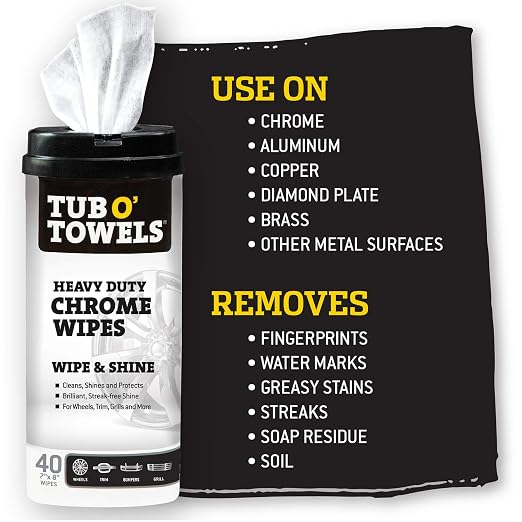 Tub O’ Towels Heavy Duty Chrome Wipes - Clean, Shine & Protect Chrome, Aluminum, Copper, and Brass Surfaces - Oil-Based Polishing Wipes - Resists Streaks & Fingerprints - 40 Count for Auto Detailing