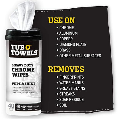 Tub O’ Towels Heavy Duty Chrome Wipes - Clean, Shine & Protect Chrome, Aluminum, Copper, and Brass Surfaces - Oil-Based Polishing Wipes - Resists Streaks & Fingerprints - 40 Count for Auto Detailing