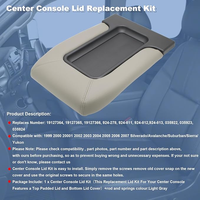 NHILES Center Console Lid Replacement Kit for 1999 2000 2001 2002 2003 2004 2005 2006 2007 Silverado/Avalanche/Suburban/Sierra/Yukon Replaces Number 19127364, 19127365, 19127366 (Light Gray)