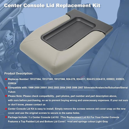 NHILES Center Console Lid Replacement Kit for 1999 2000 2001 2002 2003 2004 2005 2006 2007 Silverado/Avalanche/Suburban/Sierra/Yukon Replaces Number 19127364, 19127365, 19127366 (Light Gray)