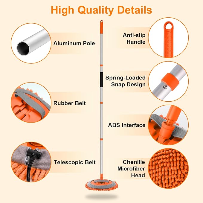 Ordenado 62" Car Wash Brush Kit Mitt Mop Sponge with Long Handle Chenille Microfiber Car Cleaning Brush Kit Supplies Car Washing Mop Kit Car Care Kit of Scratch-Free Replacement Head for Car RV Truck